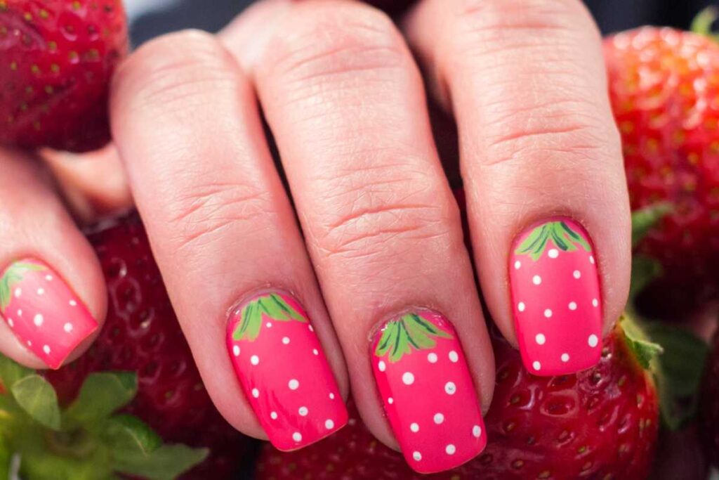 Nail art with fruit designs, showing strawberry nails in cure pink, green, and white shades 