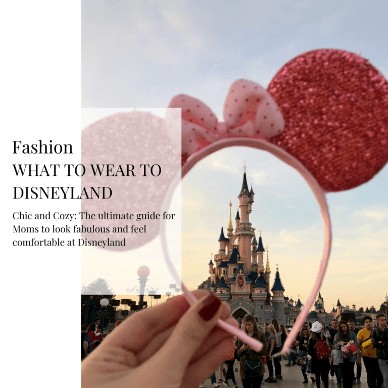 An image featuring a pair of sparkly red Minnie Mouse ears headband in the foreground with the iconic Disneyland castle in the blurry background during twilight. Overlaid text on the left reads ‘Fashion WHAT TO WEAR TO DISNEYLAND Chic and Cozy: The ultimate guide for Moms to look fabulous and feel comfortable at Disneyland. Image used for the article what to wear to Disneyland.