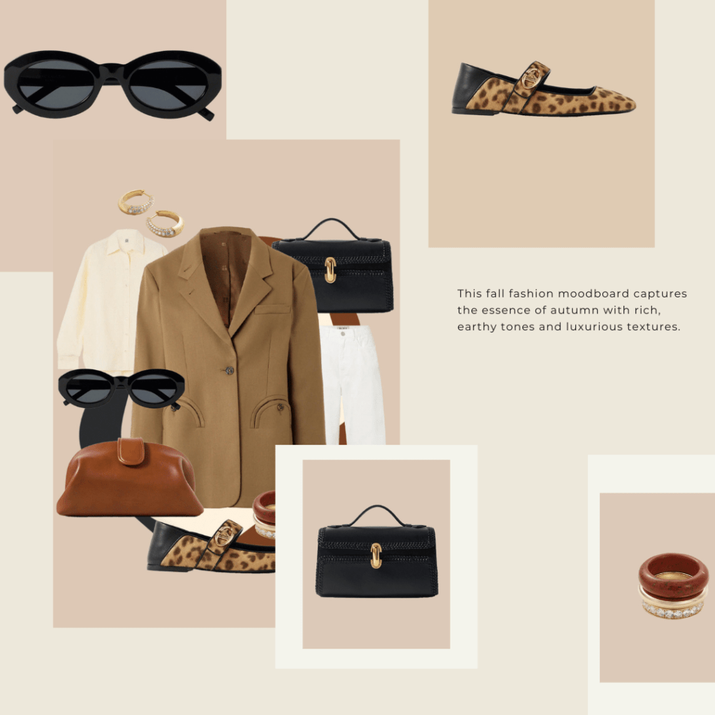 The image of various fashion accessories and clothing items. In the top left section, there is a pair of black sunglasses showing Color Schemes for Fall Family Photo Outfits. Below the sunglasses is a brown coat, accompanied by a black handbag and what appears to be a red handbag or accessory. In the top right section, there is a small image of another accessory, possibly a bracelet or watch. The bottom section features a small black purse or clutch. The items are arranged to highlight a coordinated fashion ensemble, emphasizing accessories and outerwear.