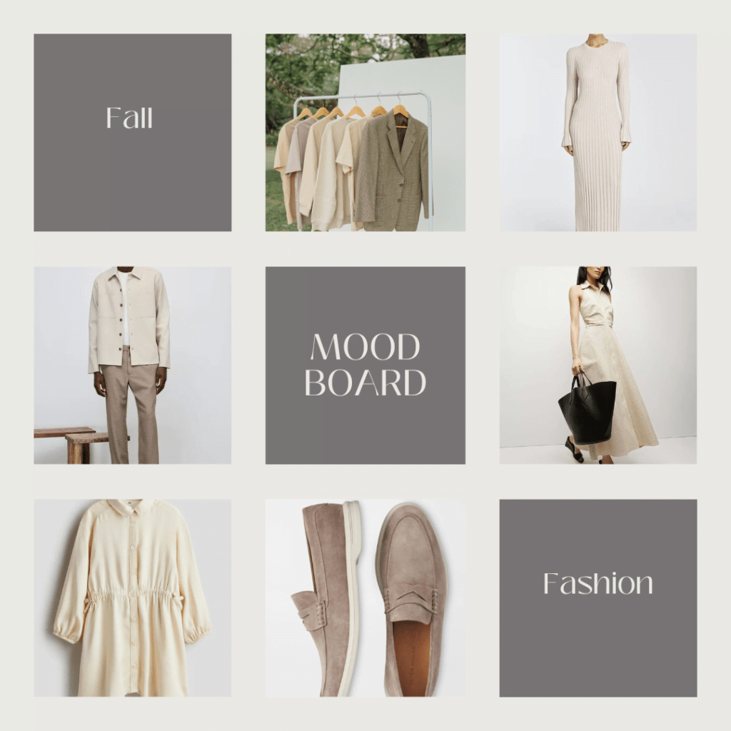 Mood board featuring neutral-toned fall fashion items. Includes sweaters, blazers, dresses, loafers, and jackets. Text highlights Fall,
MOOD BOARD, and Fashion. The overall theme focuses on beige and soft tones.