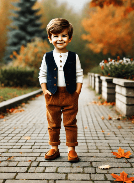 The image shows a stylish outfit for a baby boy. It includes a multicolored jacket suit with a bow tie, paired with matching pants. The outfit is displayed on a white background, highlighting its vibrant colors and intricate design details.