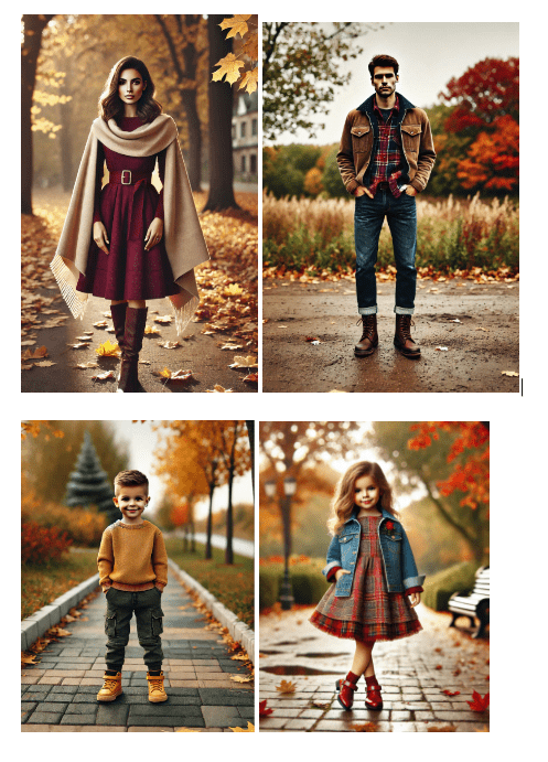 Four images in a grid, each showing a person on a pathway with autumn leaves. The first person wears a beige poncho and maroon dress, the second wears a plaid shirt and jeans, the third is a child in a yellow sweater and khaki pants, and the fourth is a child in a red coat and blue jeans. Image used for the article matching outfits for family pictures.