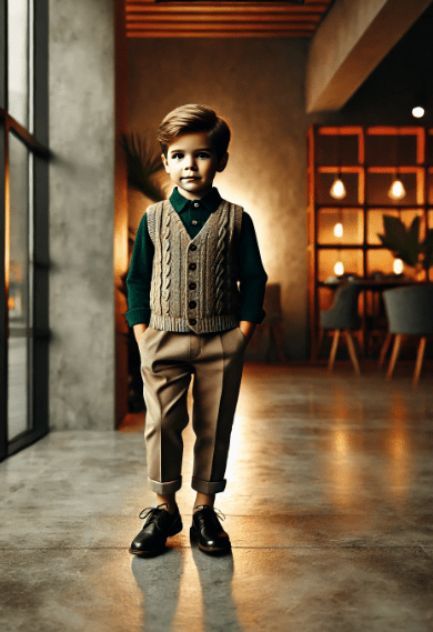 A child in a green sweater and khaki pants. They are standing in a modern home interior. The setting is contemporary and stylish.