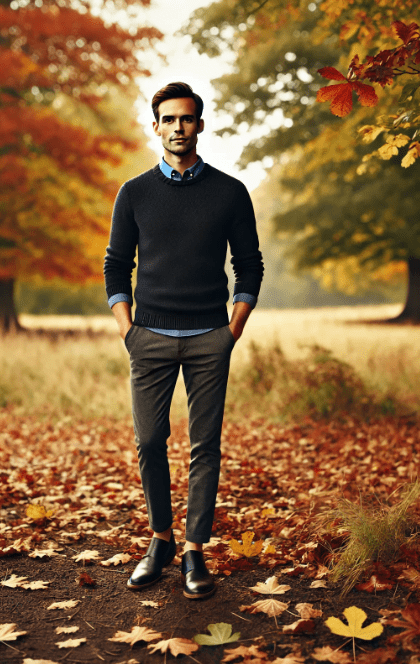 The individual is wearing a dark blue sweater, light grey trousers, and black shoes. Surrounding the person are trees with autumn-colored leaves in shades of red, orange, and yellow. Image used for the article casual fall family photo outfits.