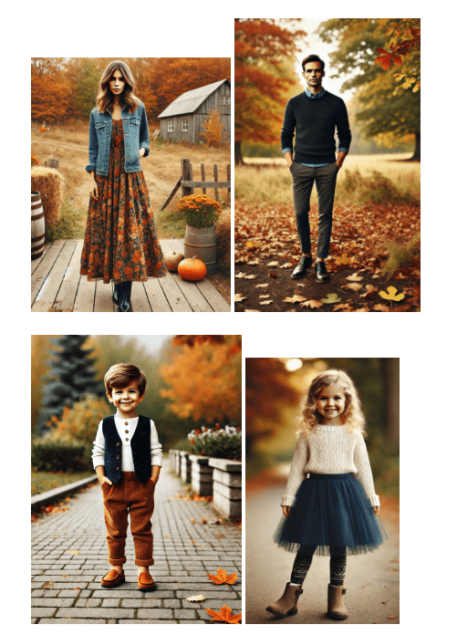 Four images in a grid, each showing a person on an outdoor path with autumn foliage. The top left features a person holding a pumpkin, the top right shows someone in smart casual attire, the bottom left has a child in suspenders, and the bottom right shows a child in a tulle skirt and boots. Image used for the article coordinating outfits for family pictures.