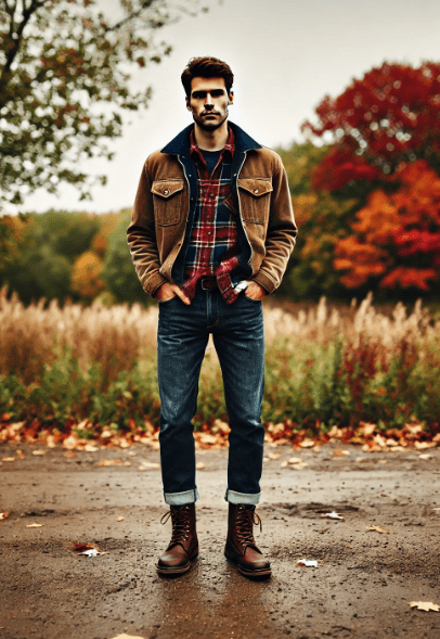 An individual stands on a path with autumn leaves scattered around. The person is wearing a brown jacket over a plaid shirt, blue jeans, and brown boots. The background features trees with autumn foliage in shades of red and orange.