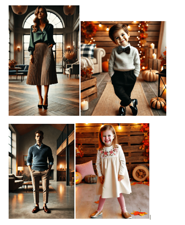 A collage of four photos showing different individuals in stylish outfits, standing in a cozy, well-decorated interior. 