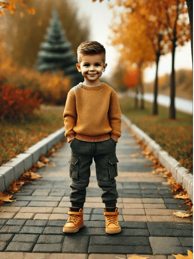 The image shows a child standing on a paved path with their back to the camera, wearing a mustard yellow sweater, green cargo pants, and tan boots. The path is surrounded by autumn-colored trees with fallen leaves, creating a seasonal atmosphere.