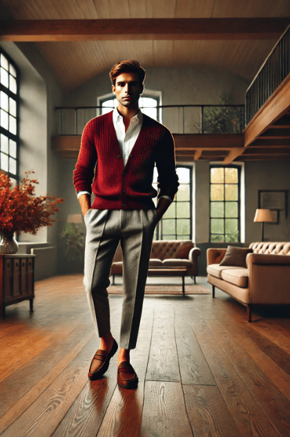 An individual in a red cardigan, grey pants, and brown shoes. They stand confidently in an elegant room. The room exudes sophistication and style.