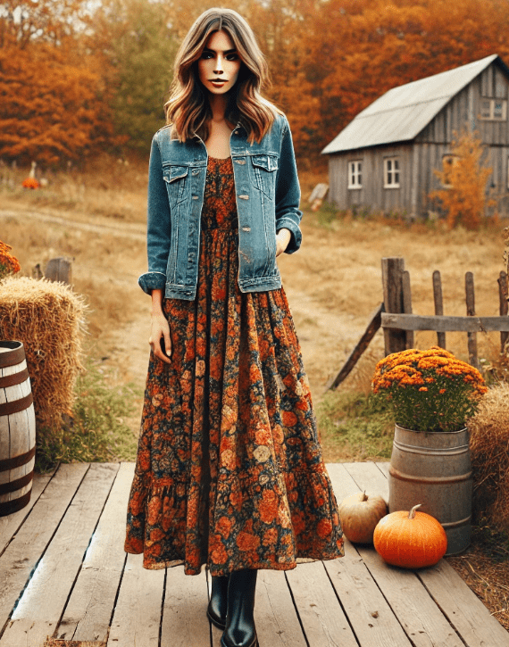 A person stands on a wooden platform outdoors, wearing a denim jacket over a long floral dress. Surrounding the person are fall decorations, including hay bales, pumpkins, and potted yellow flowers. Image used for the article family phot dresses for moms.