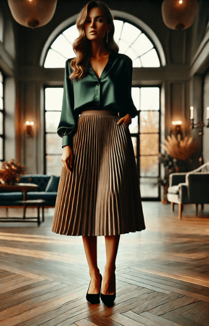 A person stands in a spacious room with large windows. They are wearing a brown pleated skirt and a black top. The scene is bathed in warm, natural light.