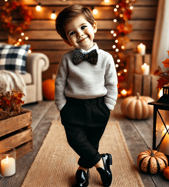 A small child is captured mid-stride in a cozy room decorated with pumpkins and autumnal decor. The child wears a gray sweater and black pants. 