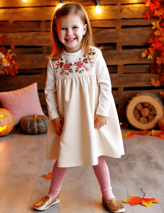 A young child stands on a pink carpet, facing away from the camera towards bright windows. They wear a white dress with floral patterns at the hem. 