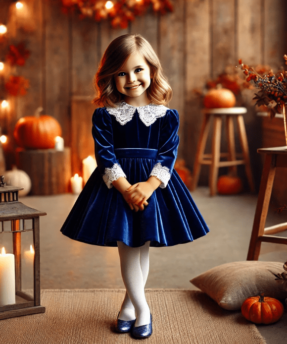 A child in a dark blue velvet dress with puffed sleeves. They stand in a festive room decorated with pumpkins. The room has a cheerful, holiday vibe.