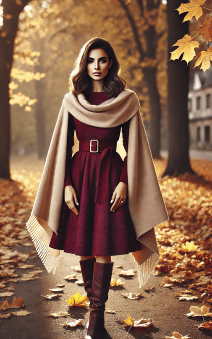 A woman is standing on a path lined with autumn leaves, wearing a maroon dress paired with a beige cape and brown. The background features trees with golden autumn foliage and a soft-focus view of traditional buildings, creating an atmospheric autumn scene.