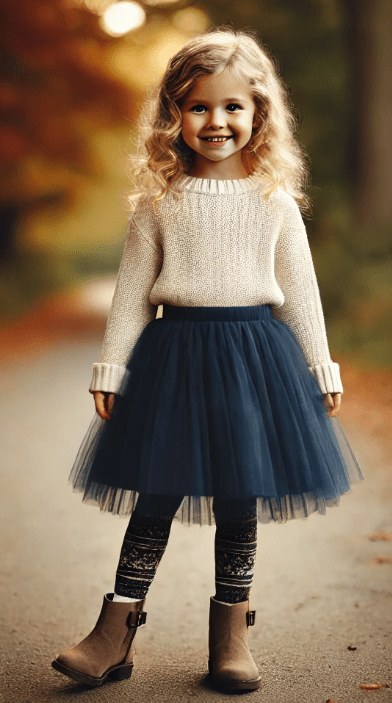 A baby girl stands on a charming outdoor pathway, wearing a cute outfit that coordinates with the family's casual yet stylish attire. Her outfit reflects the cohesive and thoughtfully chosen color scheme, perfect for a family photo.