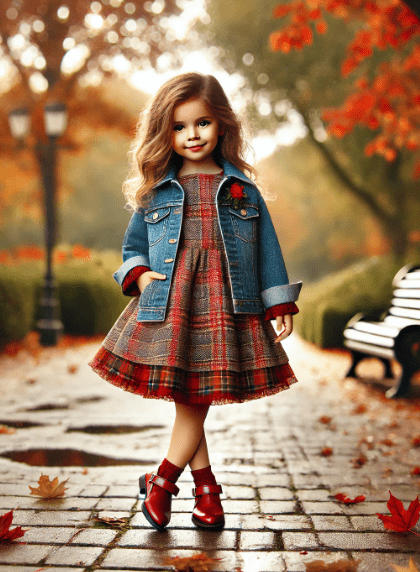 A young child stands on a charming outdoor pathway, wearing a cute outfit that coordinates with the family’s casual yet stylish attire. The child is dressed in a white sweater, a navy blue tulle skirt, patterned leggings, and brown ankle boots. Her outfit reflects the cohesive and thoughtfully chosen color scheme, perfect for a family photo.