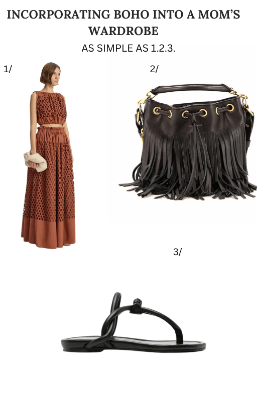 Image of three items labeled 1, 2, and 3, showcasing boho style for a mom’s wardrobe. Item 1 is a full-length brown dress with a patterned bodice and solid skirt. Item 2 is a black handbag with gold-tone hardware and fringe details. Item 3 is a pair of simple black sandals with a single strap across the foot and an ankle strap showing summer fashion trend for moms.