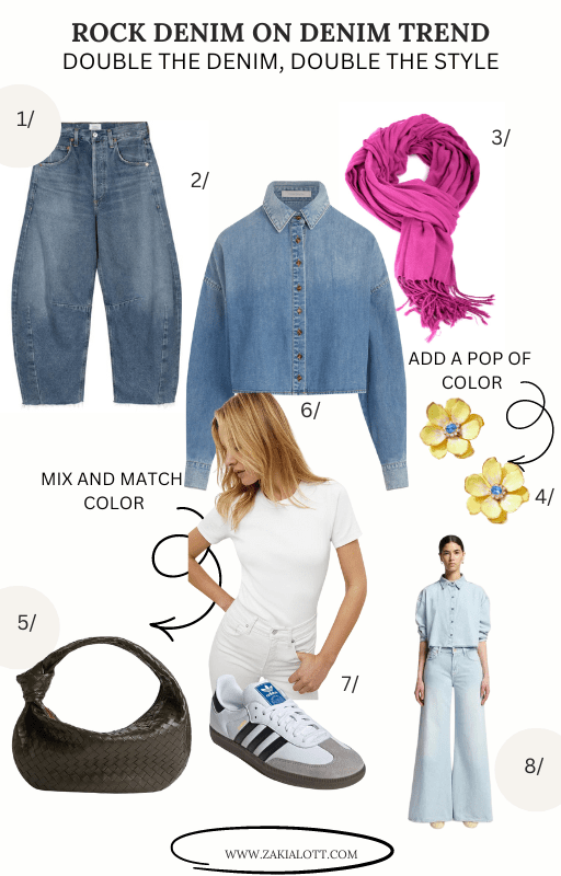 Image of a fashion mood board titled ‘ROCK THE DENIM, DOUBLE THE TREND’ featuring eight items: blue denim jeans, a denim jacket, a bright pink scarf, yellow flower-shaped earrings, a brown crescent-shaped handbag, an illustration of a woman in a white t-shirt and blue jeans, white sneakers with black stripes, and a light blue denim jumpsuit. Image used for the article top fashion trends for mom 