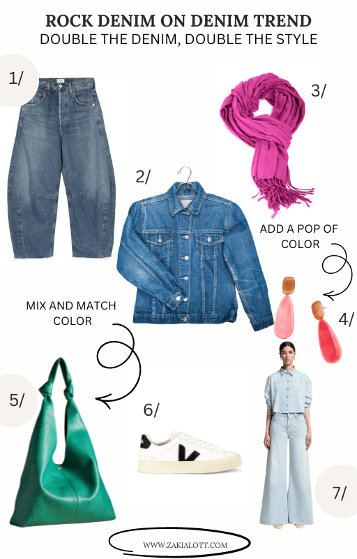 Close-up image of a fashion collage showcasing the Rock Denim on Denim Trend. It features various denim pieces, including high-waisted jeans (1) and a classic denim jacket (2). To add a pop of color, a vibrant pink scarf (3) and pink earrings (4) are included. The look is complemented with a green handbag (5) and white sneakers (6). Finally, an outfit idea (7) shows a full denim ensemble, demonstrating how to double up on denim stylishly. Image used for the article how to dress like a cool mom in summer.