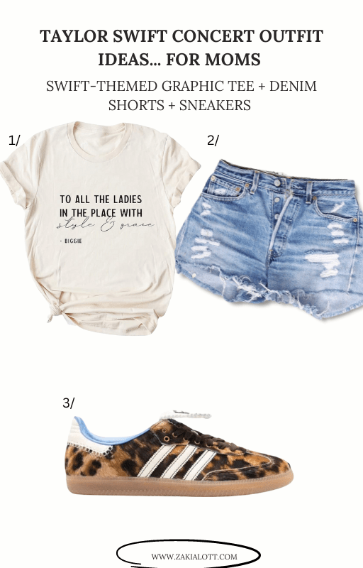 Close-up image featuring three items. Item 1 is a white graphic t-shirt with the text ‘IN THE LADIES WITH STYLE & GRACE - BIGGIE’ in black font. Item 2 is a pair of blue denim shorts with distressed details and frayed hems. Item 3 is a pair of sneakers with a leopard print design and white laces. Image used for the article Eras tour outfits for mom.