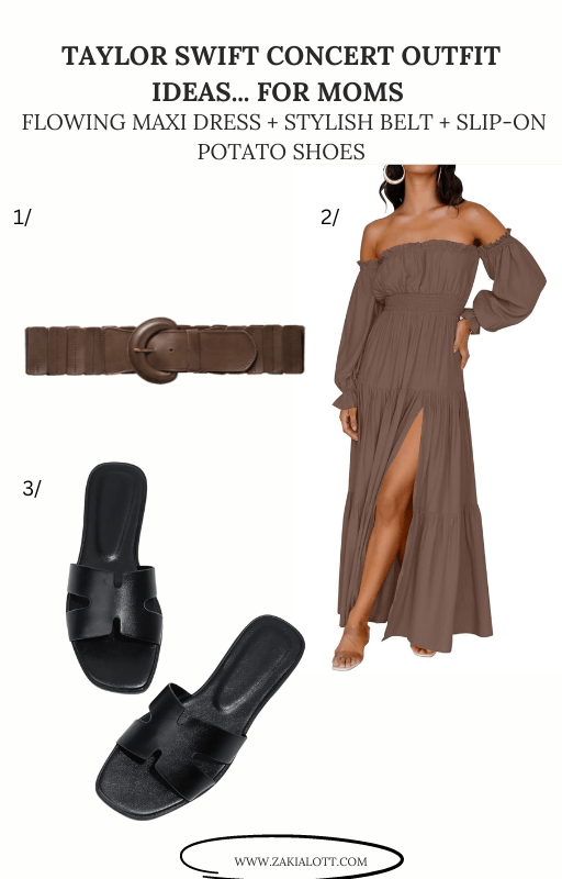 Image of a Taylor Swift concert outfit idea for moms is shown, featuring a brown flowing off-shoulder maxi dress with long sleeves and a thigh-high slit. The outfit is accessorized with a wide, dark brown belt with a round buckle and paired with simple black slip-on sandals. Image used for the article Boho gam with taylor's folklore look.