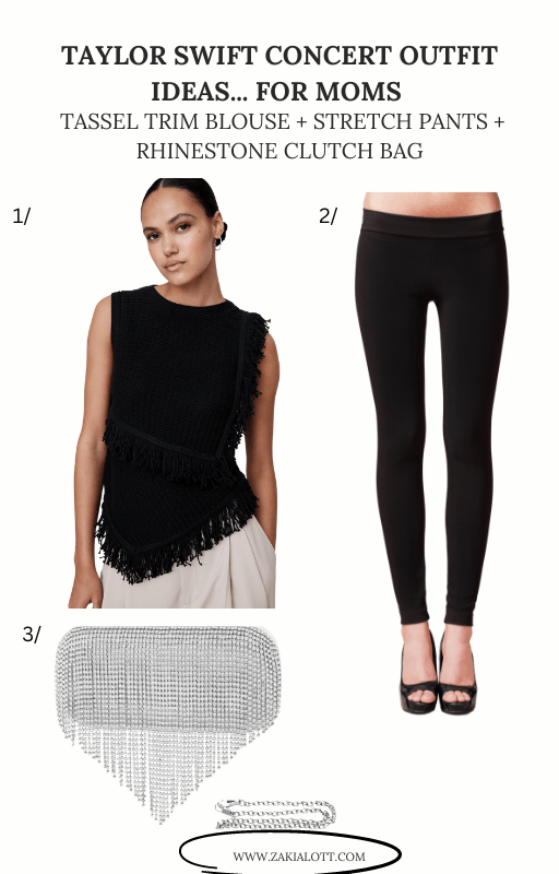 Image of three items labeled as ‘Taylor Swift Concert Outfit Ideas for Moms.’ Item 1 is a black sleeveless top with tassel trim details, covering the neck and shoulders area. Item 2 is a pair of black stretch pants. Item 3 is a rhinestone clutch bag in the shape of an envelope showing mom outfits for Taylor Swift concert.