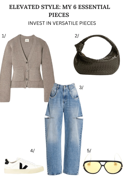 A fashion style guide featuring six essential wardrobe pieces. The items include a beige cardigan, blue straight-cut jeans, a black textured shoulder bag, white sneakers with black details, and yellow-tinted sunglasses with a thin frame. Representing how to dress like a cool mom.