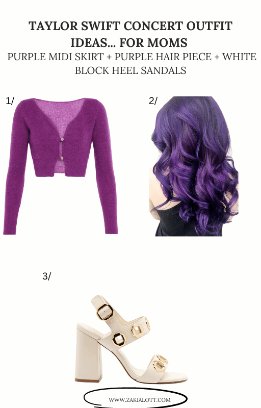 Image of a three fashion items. Item 1 is a purple cropped cardigan with buttons. Item 2 is wavy, purple hair. Item 3 is white block heel sandals with gold buckles.  Featuring Speak now era's chic and cozy vibes.