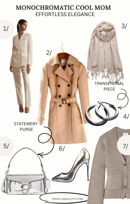 Close-up image of  a chic white two-piece suit with a blazer and trousers, a beige trench coat labeled as a TRANSITIONAL PIECE, a cozy light grey scarf with fringed edges, a pair of sleek black high-heeled shoes, a trendy transparent statement purse, and a comfy grey knitted cardigan. The board mixes classic and modern pieces to create a versatile, monochromatic Cool Mom Outfits.