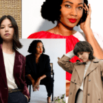 Image of four women modeling various outfits in a fashion collage. One is wearing a burgundy velvet blazer paired with a white t-shirt and dark pants. Another woman is dressed in a classic black suit, seated confidently. A third woman wears a bold red dress with a vibrant expression, and the fourth model is styled in a neutral beige trench coat, looking down thoughtfully. The collage has a woven textured background, emphasizing a modern, stylish aesthetic. Image used for the article How to Improve Your Fashion Style.