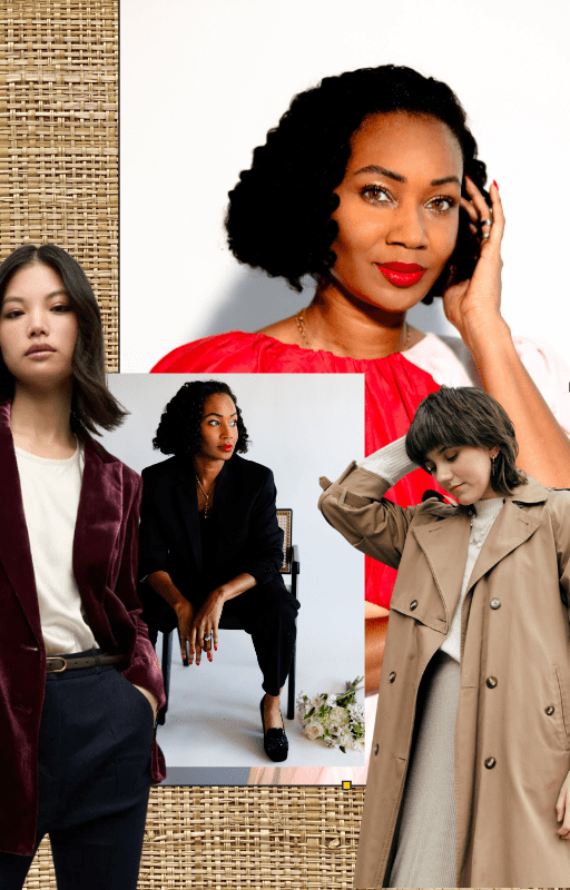 Image of four women modeling various outfits in a fashion collage. One is wearing a burgundy velvet blazer paired with a white t-shirt and dark pants. Another woman is dressed in a classic black suit, seated confidently. A third woman wears a bold red dress with a vibrant expression, and the fourth model is styled in a neutral beige trench coat, looking down thoughtfully. The collage has a woven textured background, emphasizing a modern, stylish aesthetic. Image used for the article How to Improve Your Fashion Style.