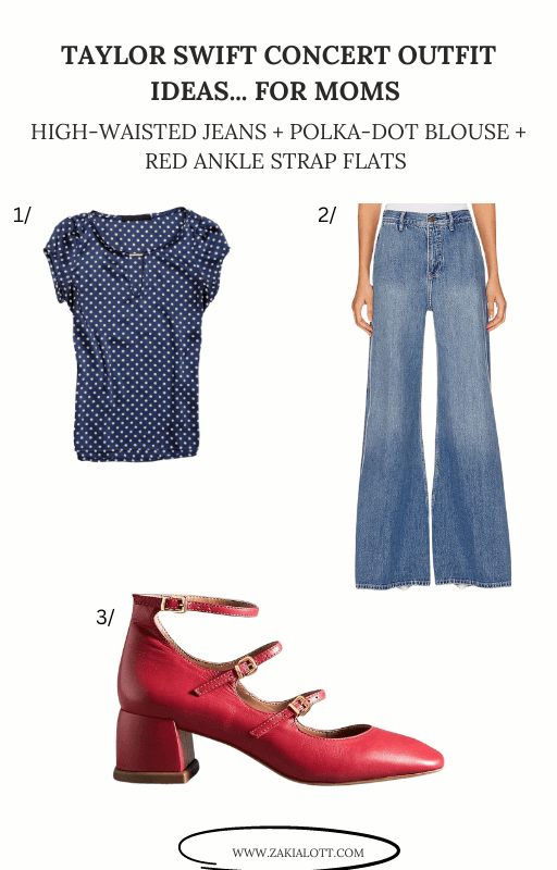 Close-up image of a fashion collage titled Taylor Swift Concert Outfit Ideas for moms: Polka Dots. It features a navy blue polka dot blouse, light blue flared jeans, and red ankle strap flats with gold buckles. The items are arranged vertically with the blouse at the top, jeans in the middle, and shoes at the bottom. Showing the The Vintage Red Era Vibe.