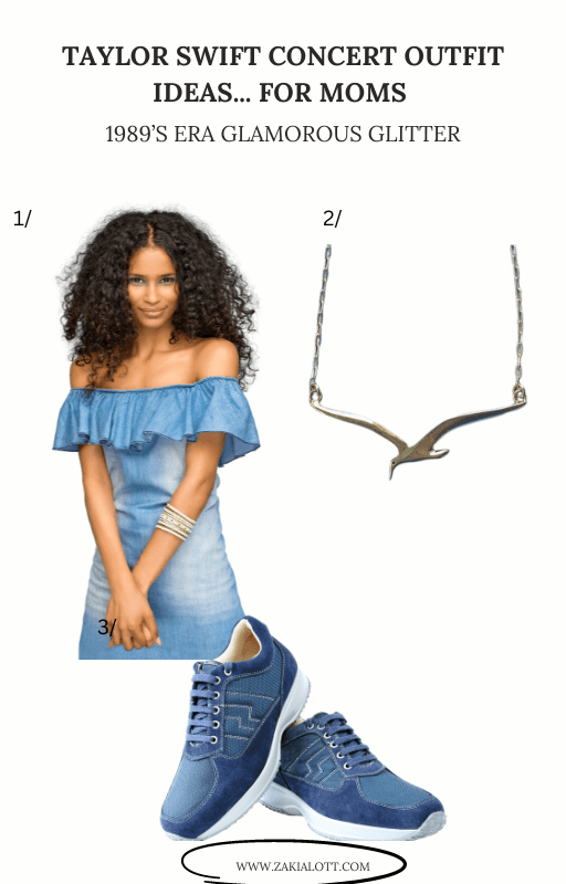 Close-up image featuring three items labeled 1, 2, and 3. Item 1 shows a person wearing an off-shoulder blue top with ruffled sleeves, their face obscured by a brown rectangle. Item 2 is a silver necklace with a V-shaped pendant. Item 3 displays a pair of blue suede sneakers with white soles. Image used for the article 1989’s Era Glamorous Glitter.