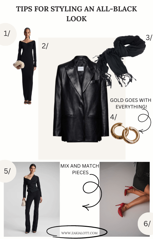 Close-up images offering tips for styling an all-black outfit. It includes a wide-brimmed hat, a long-sleeve black dress, a black scarf, and gold rings with the text GOLD GOES WITH EVERYTHING. There’s also a person in a black jumpsuit holding a white clutch, and red high-heeled shoes showing mom fashion outfits.