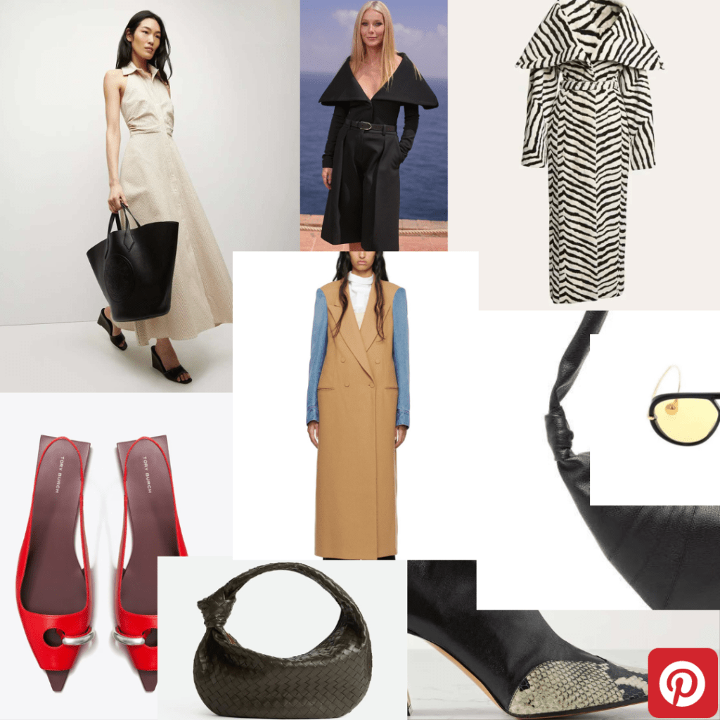 Image of a fashion collage featuring a mix of contemporary high-fashion items. It includes a beige sleeveless maxi dress with a large black tote bag, a black structured coat with dramatic lapels, a bold zebra-striped long coat, and a sleeveless camel coat with denim sleeves. The accessories include red pointed slingback flats, a woven dark green handbag, yellow aviator sunglasses, and a close-up of a black heel with a snake-skin toe cap. The overall theme highlights modern, eclectic pieces blending minimalism with statement fashion elements representing how can I make my outfit look good.