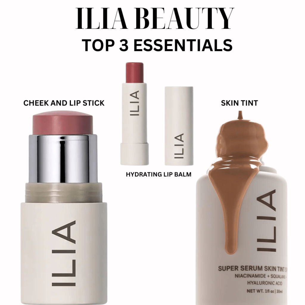 Close-up image of a Cheek and Lip Stick is in a cylindrical container with a pink product visible at the top. The Hydrating Lip Balm is in a slim white tube with the brand name ILIA printed vertically. The Skin Tint is in a bottle with a dropper, showcasing a liquid foundation in a warm beige tone. All products have a minimalist design with white and neutral tones, emphasizing simplicity and elegance. Image used for the article Stay-at-Home Mum Wardrobe Makeup Essentials.