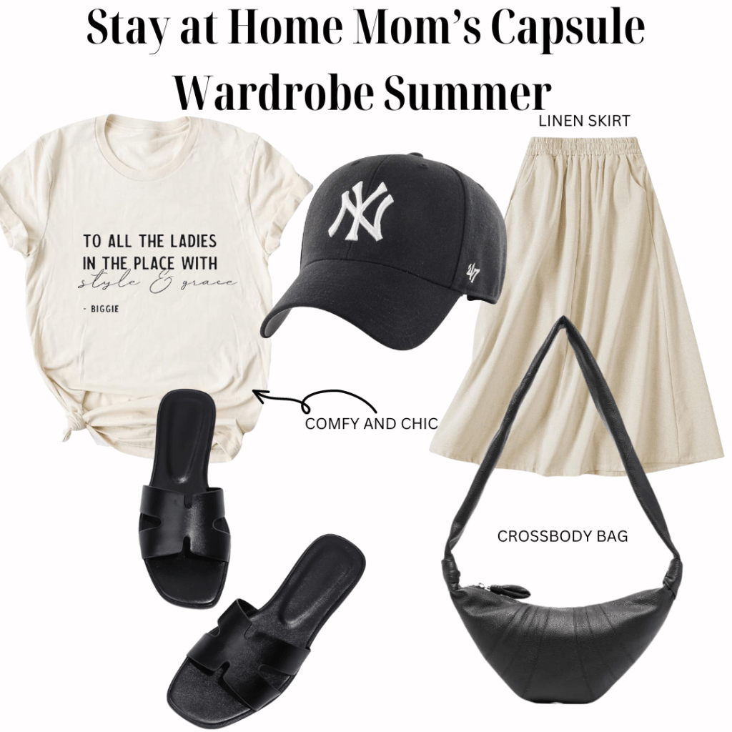 Close-up image of a place with style & grace - Biggie, a black New York Yankees cap, a cream-colored linen skirt, black slide sandals, and a black crescent-shaped crossbody bag. The items are arranged against a white background, highlighting a minimalist and comfortable style for stay-at-home mom's capsule wardrobe summer.