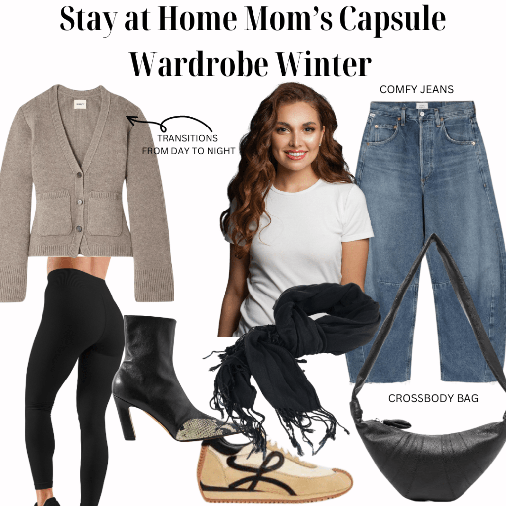 Image of a grey cardigan, black leggings, a white t-shirt with the model’s face obscured, blue denim jeans labeled ‘COMFY JEANS,’ black ankle boots, a black scarf, and a black crossbody bag. Representing Stay at Home Mom’s Capsule Wardrobe Winter.