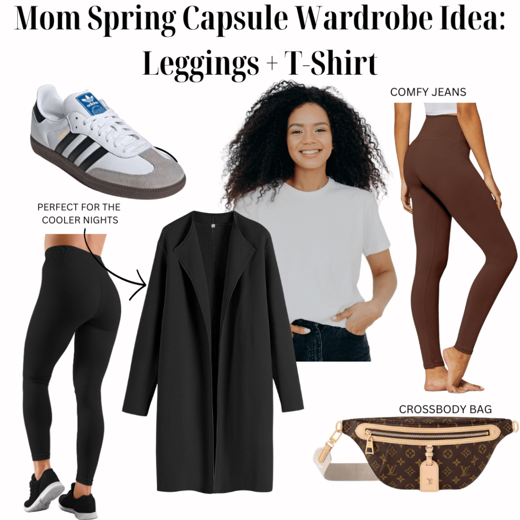 Close-up image of a collection of women’s clothing and accessories for a ‘Mom Spring Capsule Wardrobe Idea.’ Items include Adidas sneakers, black leggings, a brown T-shirt, comfy jeans, a black coat for cooler nights, and a brown crossbody bag with a patterned strap. Representing Mom Spring Capsule Wardrobe Idea.