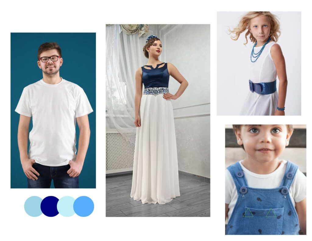 Close-up image of an individual wearing a plain white t-shirt stands against a blue background with three circular icons below. In the center, an individual is dressed in a formal white gown with blue details and a tiara, standing in front of a light background. On the right, a child wearing a white and blue dress with a necklace is shown against a blurred background. The child’s attire includes denim overalls worn over the dress. Image used for the section navy blue family photo outfit.