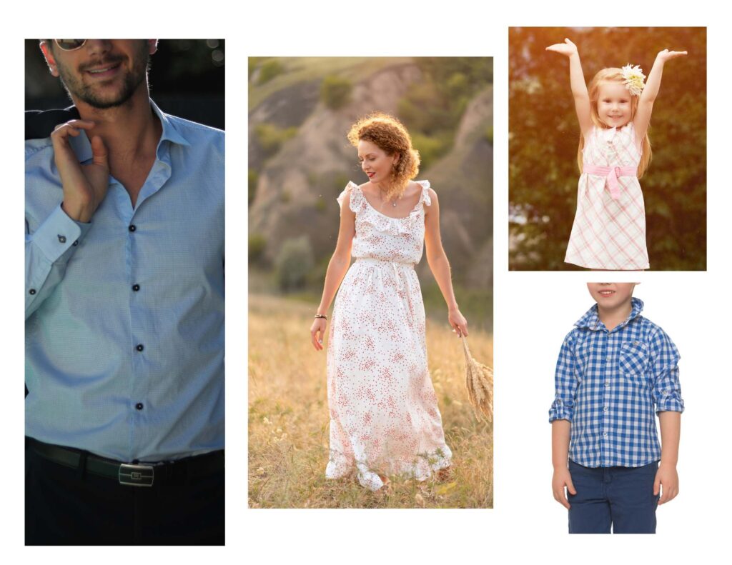 Image of a family. The first photo on the left shows a person in a blue buttoned shirt holding a phone to their ear. The middle photo features an individual in a white dress with floral patterns, standing in a field with tall grass and trees in the background. The third photo on the right displays a person joyfully raising their arms, wearing a white dress with pink polka dots against an outdoor backdrop.