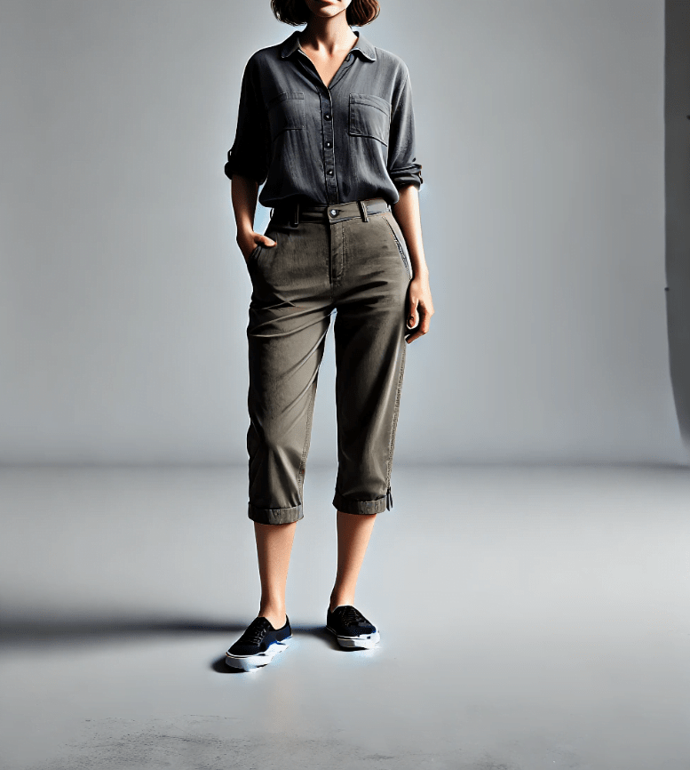 Image of a woman standing centered in the frame against a grey background, wearing a dark button-up shirt, cropped khaki pants, and black shoes with white soles.  Image used for the article Capri Pants and a Breezy Shirt.