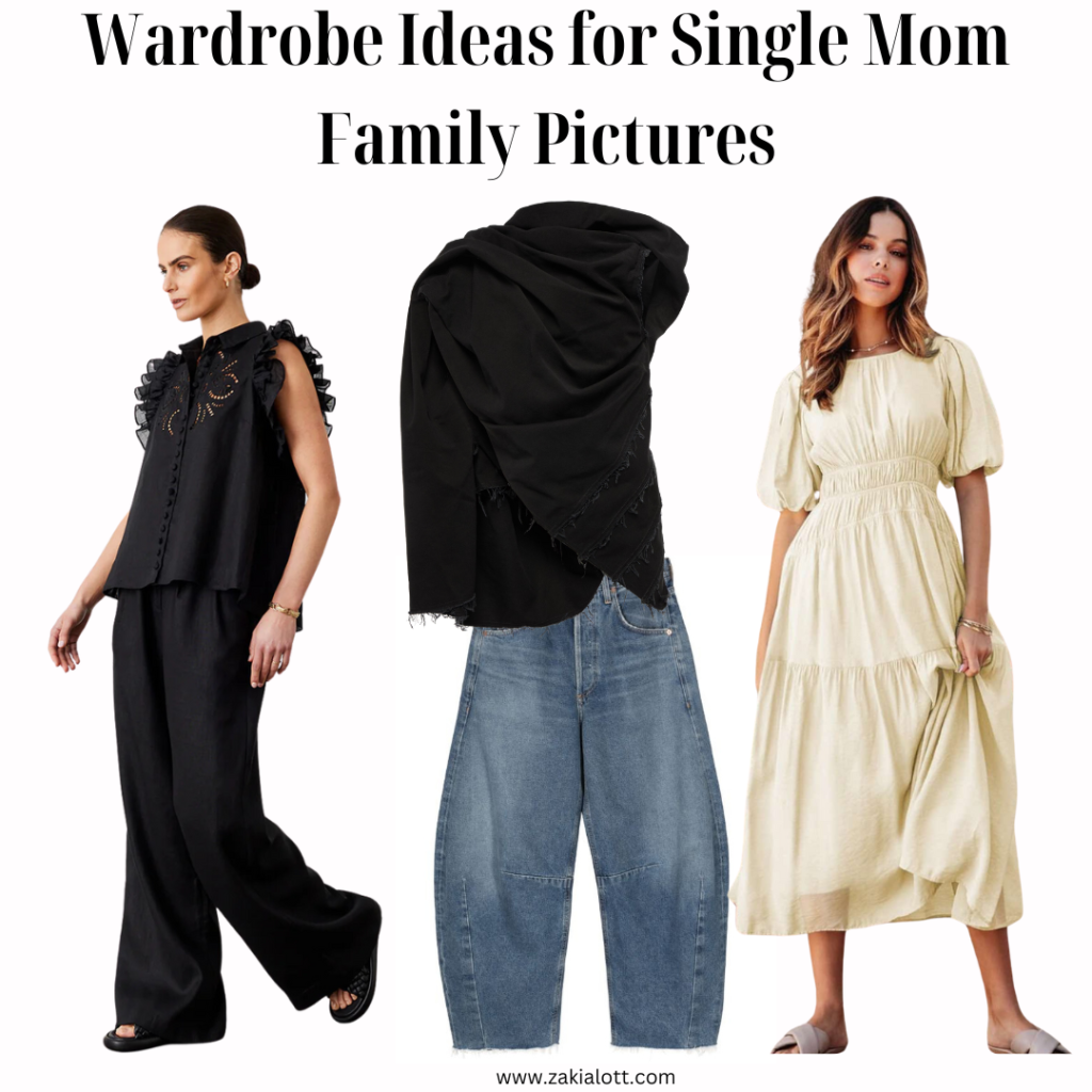 Close-up image of wardrobe ideas for single moms in family pictures. It features three outfit options. The first is a black sleeveless top with ruffle details paired with wide-leg black pants. The second is a black headscarf and loose-fitting denim jeans with a black top. The third is a light cream, short-sleeve midi dress with a tiered design. Representing colors for single mom family pictures.