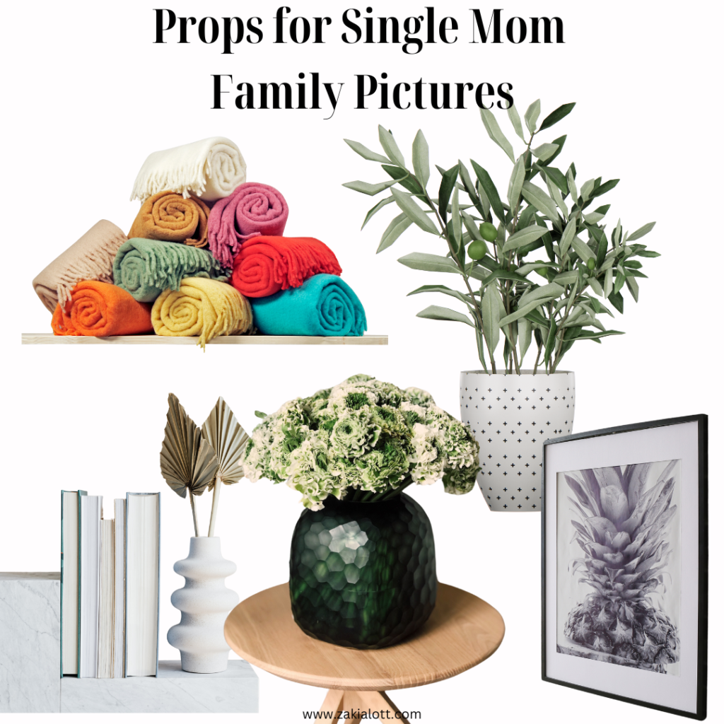 Close-up image of a collection of props ideal for single mom family pictures. It includes colorful rolled-up blankets in a variety of bright shades like red, yellow, orange, teal, and pink. There is a potted plant with green leafy branches in a white vase with black polka dots, adding a natural touch. A bouquet of green and white flowers is arranged in a textured dark green vase, sitting on a small wooden pedestal, showing single mom picture ideas.