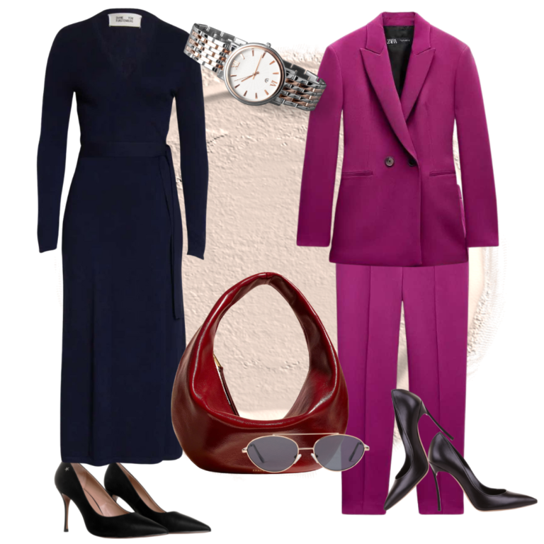 The image displays two sophisticated outfits. The first is a long navy blue wrap dress paired with black pointed-toe heels and a classic silver wristwatch. The second is a bold magenta tailored suit with matching trousers, styled with black stilettos. Accessories include a unique burgundy handbag and silver sunglasses, adding a modern and chic touch to both looks. Image used for the article How to Dress for a Presentation