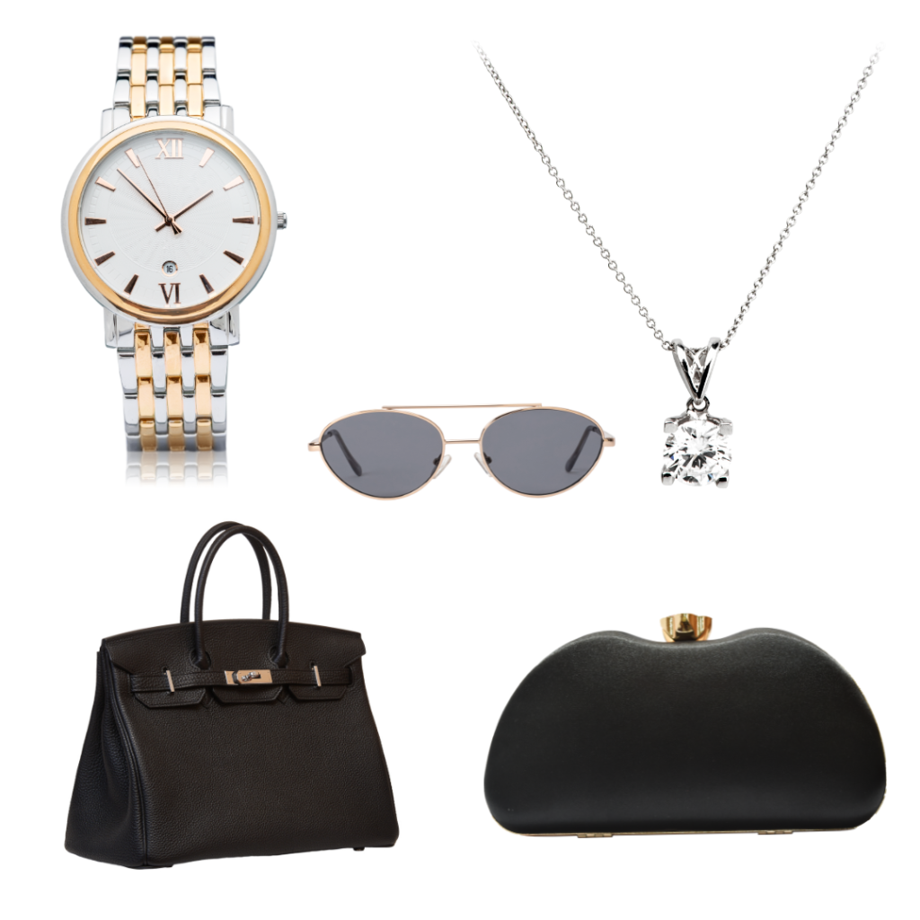 Image of a collection of elegant accessories. At the top left is a two-tone gold and silver wristwatch with a white face and Roman numerals. Next is a delicate silver necklace with a sparkling solitaire pendant. Below is a pair of stylish aviator sunglasses with a slim gold frame and dark lenses. To the left is a classic black handbag with structured handles, while to the right is a sleek black evening clutch with a gold clasp, perfect for formal occasions. This set offers a blend of sophistication and timeless style.