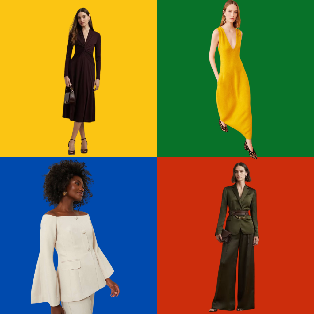 The image is divided into four sections, each featuring a model against a bold-colored background. In the top left, a model in a long-sleeved black dress stands against a yellow backdrop. The top right shows a model in a sleeveless yellow dress with a deep V-neck, set against a green background. The bottom left features a model in an off-shoulder white blouse with flared sleeves, posing in front of a blue background. In the bottom right, a model wears a green tailored suit with wide-leg pants, standing against a red backdrop. Each outfit contrasts sharply with its background, creating a vibrant, stylish look. Used for the article family photo dresses for mom