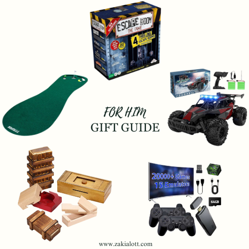 Close-up image of six items: a mini putting green for golf practice, an 'Escape Room The Game' board game set, a remote-controlled off-road car with accessories, a set of wooden puzzle boxes, a retro gaming console with over 2000 games and two controllers, and a 64GB USB flash drive showing Christmas gifts for hubby.