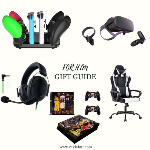 Image of six items: a charging station for gaming controllers and accessories, a virtual reality headset with controllers, a gaming headset with a microphone, a personalized photo collage of basketball players, a pair of gaming controllers with custom designs, and a black-and-white ergonomic gaming chair showing what to get husbands for Christmas gifts.